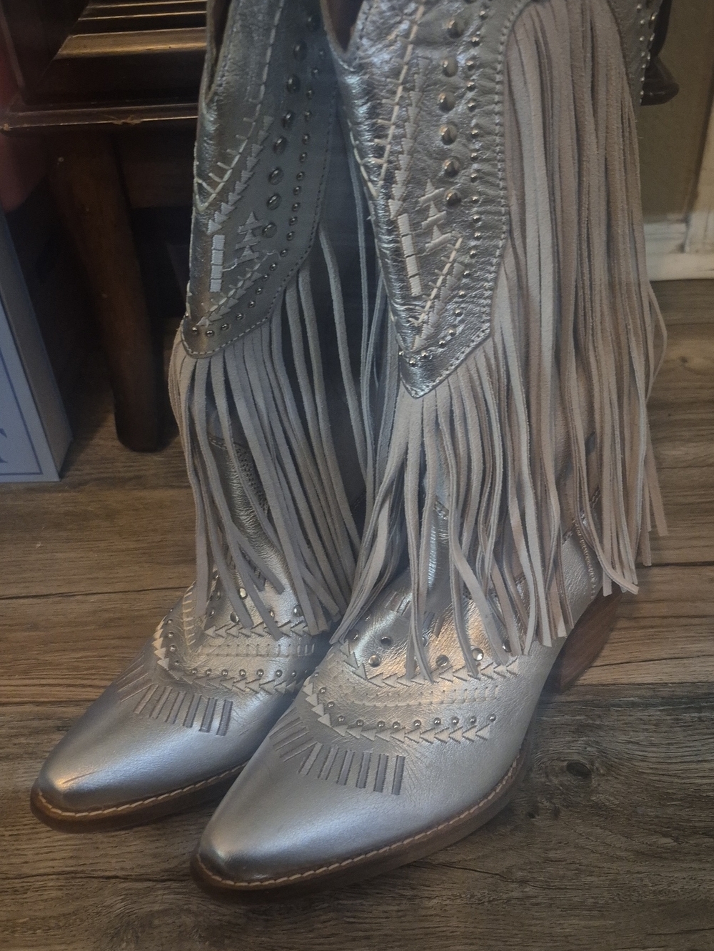 dingo Silver Metallic Fringe Western Ankle Boots
